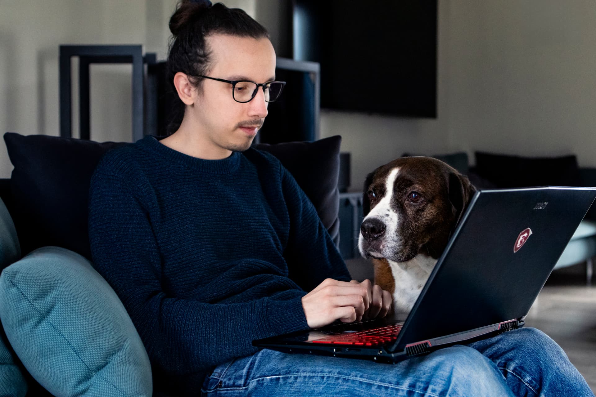 Romain Turquet, fondateur de RTB Conseil, avec Boxi, le chien de l'équipe