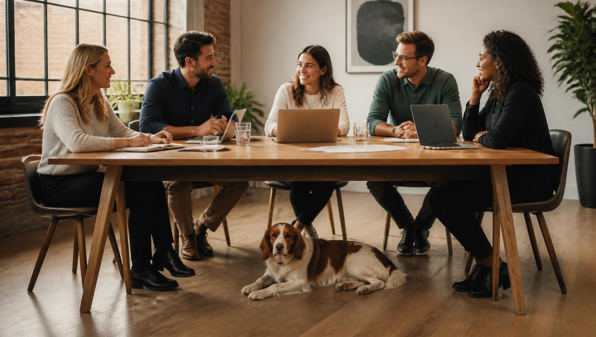L'équipe RTB Conseil au travail, Boxi, le chien de l'équipe allongé sous la table